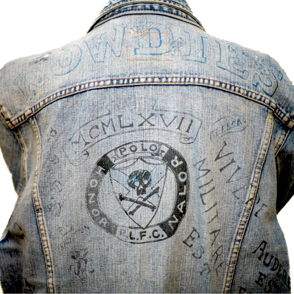 Polo Ralph Lauren Jacket Denim Trucker Varsity Graffiti Football Distressed